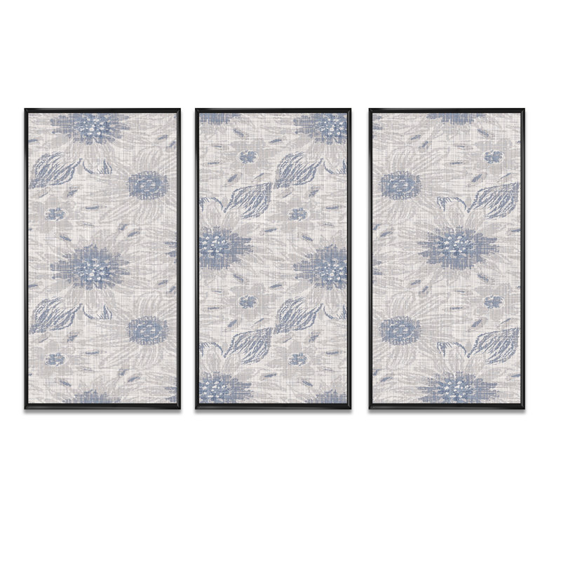 «Vintage Blue Farmhouse Flower VI», ensemble de 3 reproductions d'art encadrées sur toile, Noir, H 28 po x l 36 po x P 1 po