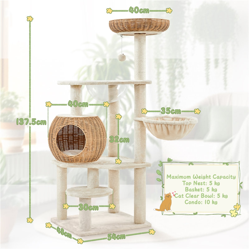 137.5cm H Tall Rattan Cat Tree