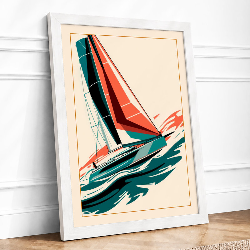 Red Sail at Speed Geometric - Framed Print, A2 - 59.4 x 42.0 cm, White