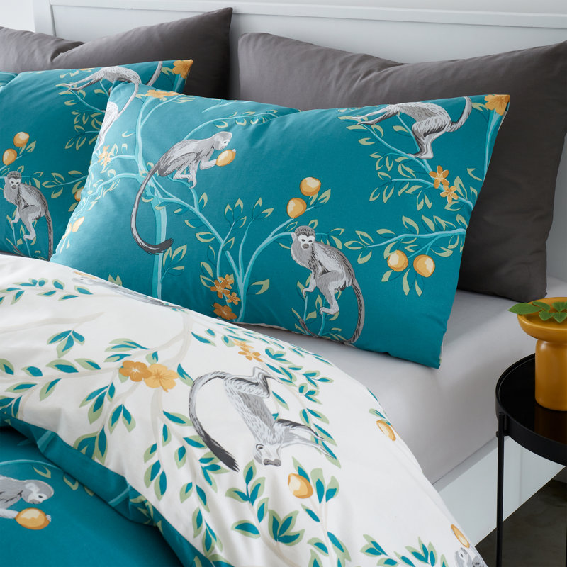 Tropical Monkey Teal Blue/Green Reversible Duvet Cover Set, Double - 2 Standard Pillowcases