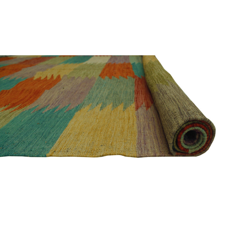 Tapis vert / rouge en laine noué à la main de conception unique 5 pi 8 po x 7 pi 1 po Jamaari