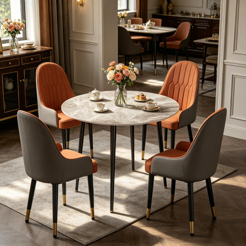 Round Dining Table And 4 Chairs Set, 5pcs Dining Room Sets For Restaurant Kitchen Office, 2-4 Seaters Marble Table And Light Khaki Microfiber Silicone Leather Kitchen Chairs Set Of 4
