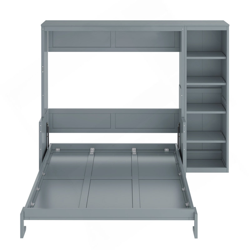 Grand lit escamotable avec bureau et bibliothèque, gris