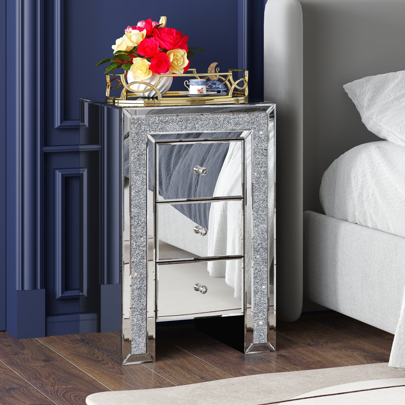 Rillamas 27" H Mirrored Glass Nightstand with 3 Storage Drawer, Silver