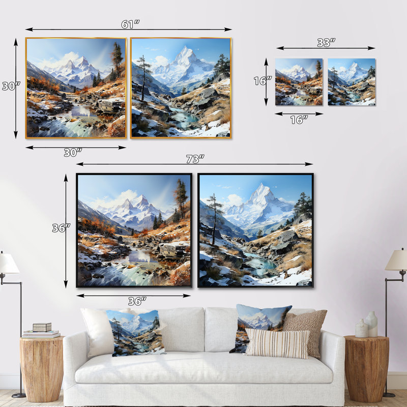 Mountain Charm Creek en hiver - ensemble de 2 montagnes carrées, H 16 po x l 33 po, Cadre flottant blanc