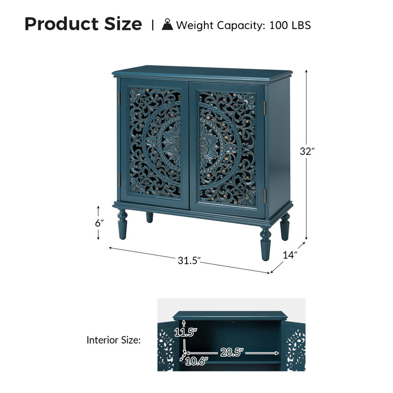 Breesford 32" Tall 2-Door Openwork Carving Accent Cabinet with Solid Wood Legs Set of 2, Blue