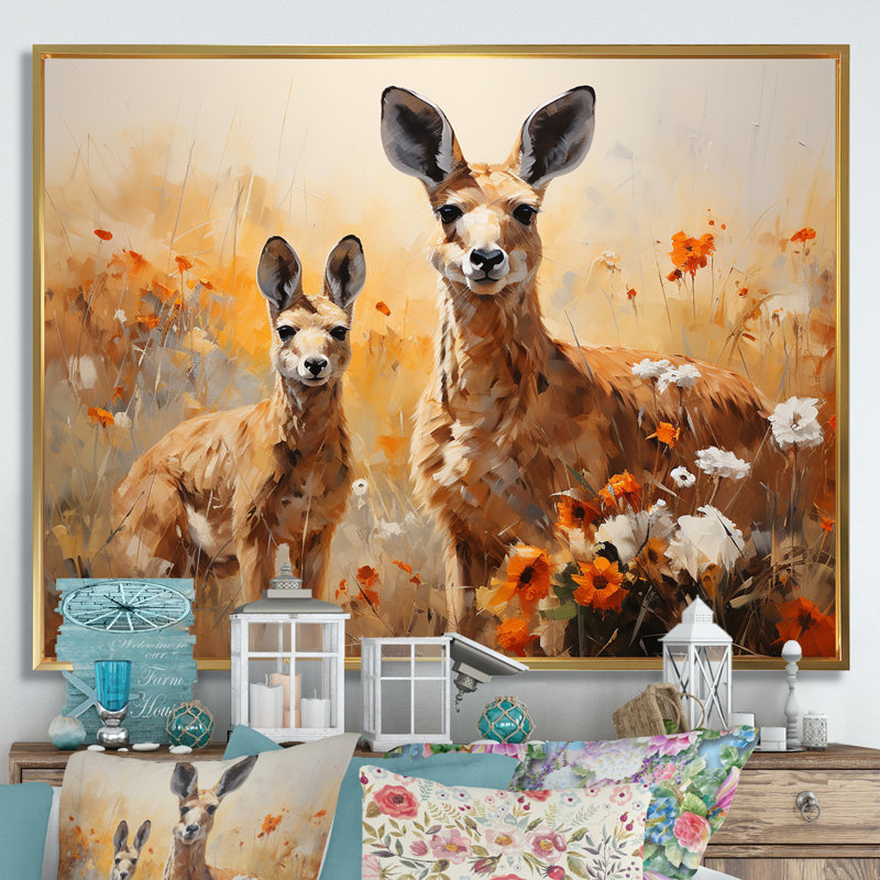 «Kangaroo Golden Blooms Outback» sur toile, Cadre flottant doré, H 24 po x l 32 po x P 1 po