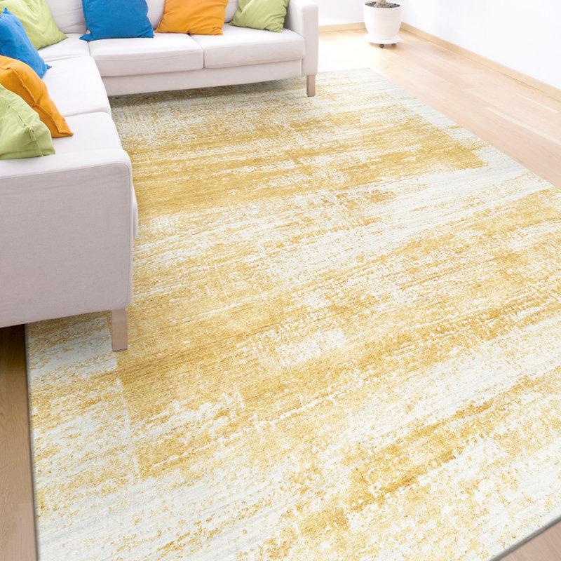 Tapis rectangulaire en laine / viscose tissé à la main en jaune / blanc, Rectangle 12 pi x 15 pi