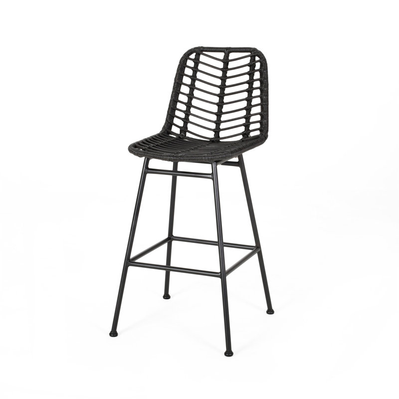 Gray and Black Wicker Outdoor Barstools with Iron Frame, Set of 2