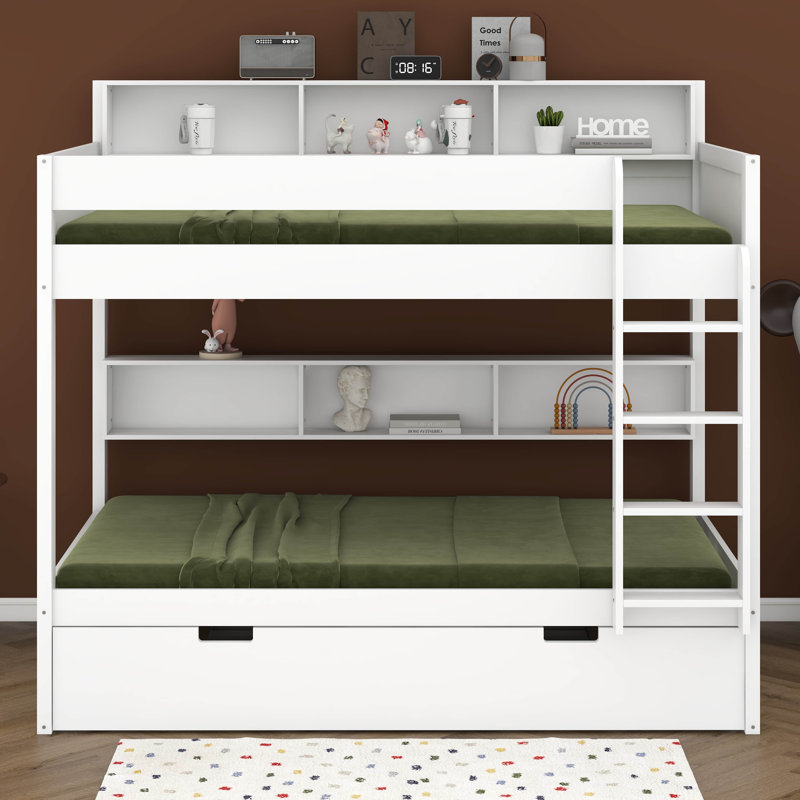Lit superposé avec lit gigogne et tablettes de rangement, lits superposés en bois avec échelle, Simple sur simple, Blanc