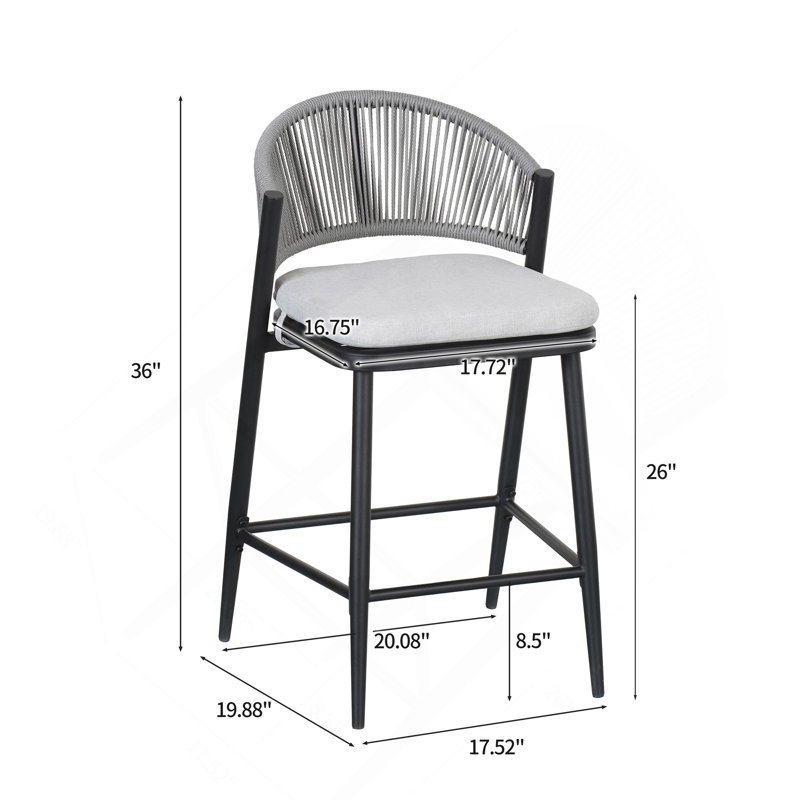 Tabouret de patio Eisen, Coussin gris clair / structure en fer noir mat, Tabouret de comptoir (siège d'une hauteur de 26 p, 2