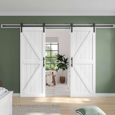 Paneled Manufactured Wood Double Barn Door with Installation Hardware Kit