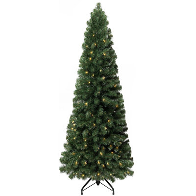 Prelit Slim Artificial Christmas Tree with 150 Warm Lights, 444 Branch Tips, and Sturdy Metal Stand – 25" Wide Realistic Pencil Tree Available in 4.5 ft, 6.5 ft, and 9 ft Sizes for Small Spaces and Holiday Décor