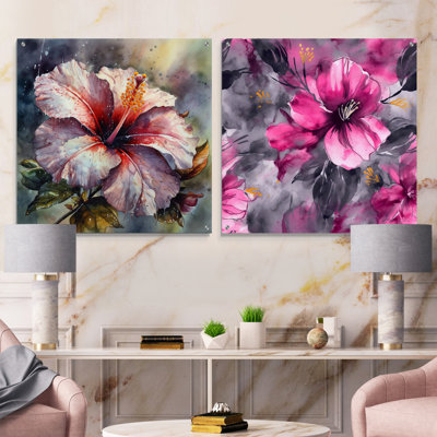 Petals Of Purple Green Hibiscus - Hibiscus Acrylic Wall Art Glass Set Of 2