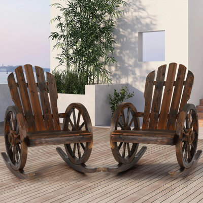 Outdoor Wagon Rocking Chair Set Of 2, Adirondack Rocker Chair W/Slatted Design And Back, Carbonized Patio Lounge Chairs Rustic Rocker With Wheel Armre by Millwood Pines