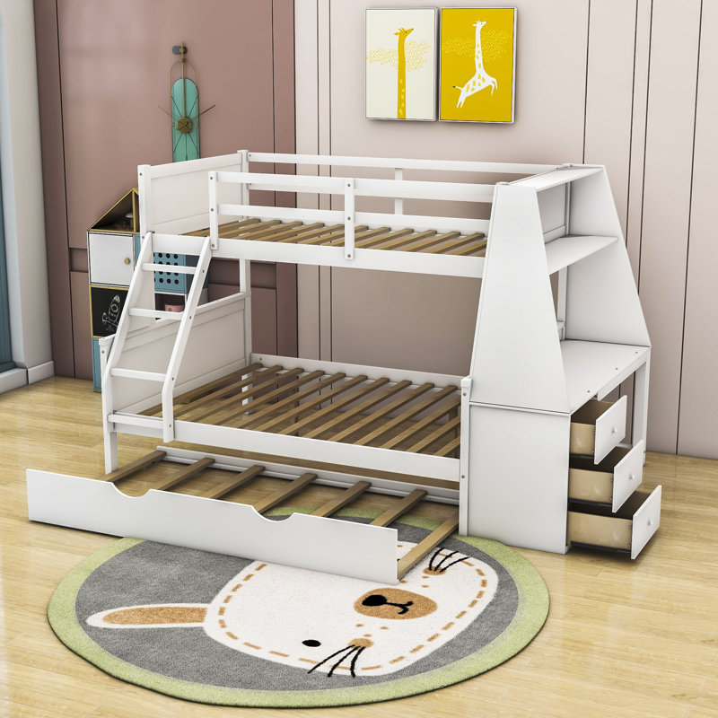 Falu Kids Twin Over Full Bunk Bed with Trundle with Drawers, White