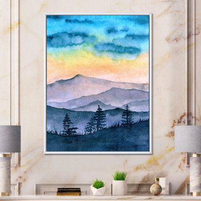 " Landscape With Distant Misty Mountains At Sunset " Painting Print