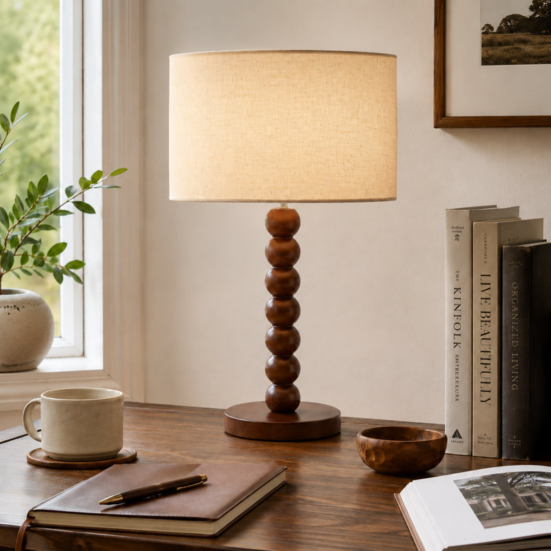 Lampe de table effilée en bois de noyer massif 17,5 "avec abat-jour tambour en lin, lampe de chevet moderne avec base E26 pour chambre à coucher, salon