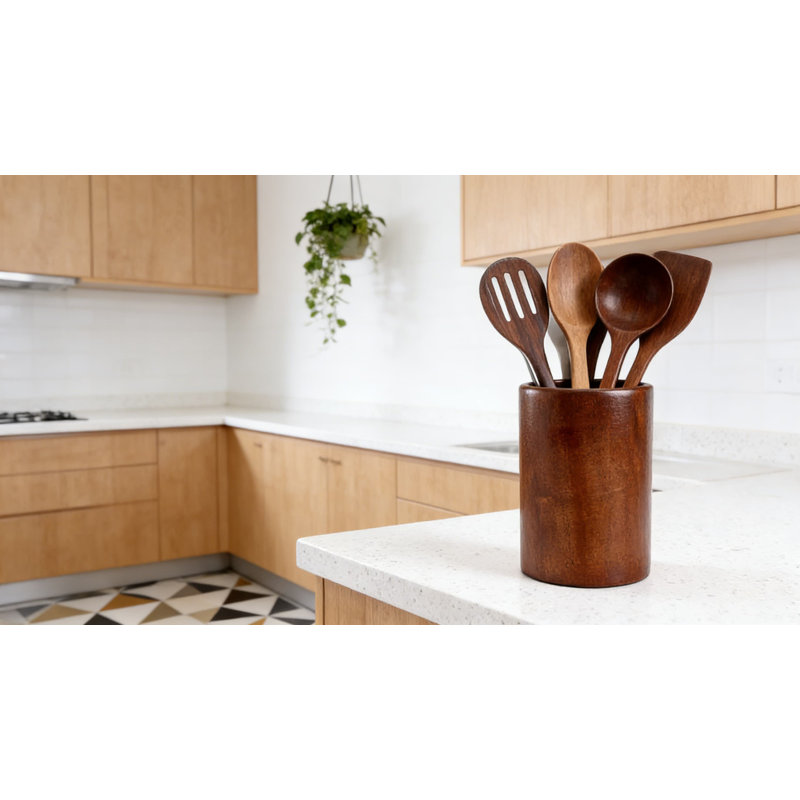Ensemble 9 pièces d'ustensiles de cuisine en bois de teck avec support et support de cuillère - Cuillères de cuisson en bois naturel durable avec poignée confortable pour mélanger, mélanger, servir