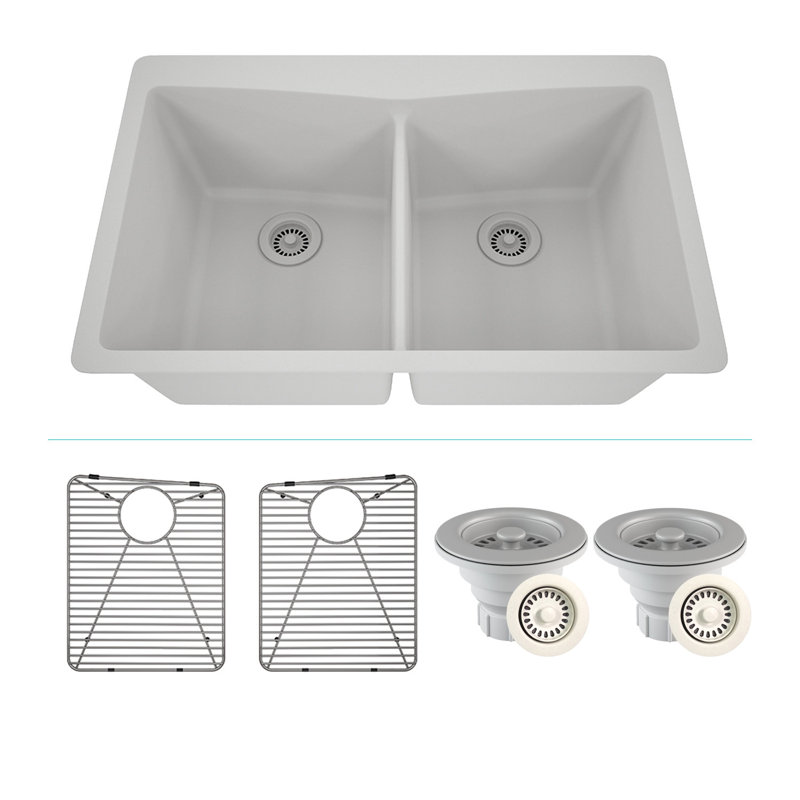 Évier de cuisine à double cuve encastrée en composite à quartz encastré à cuve de 50 po avec drain arrière de style Lexique Platinum de 33 po avec accessoires: 2 grilles en acier inoxydable, 1 crépine à drain et bride