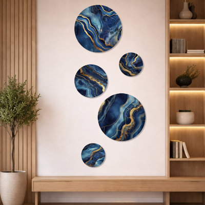 «Blue Marble Abstract Gold Mirage III», ensemble d'art mural en métal 5 pièces