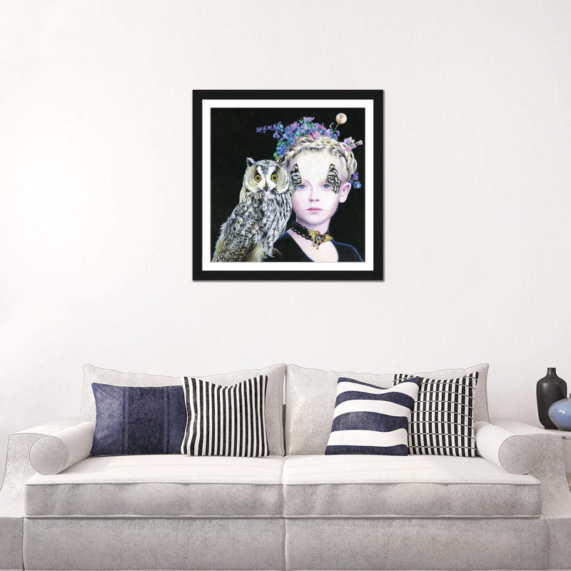 « il gufo e la principessa », impression sur toile, H 16 po x l 16 po x P 1 po, Papier d'art encadré noir, Blanc