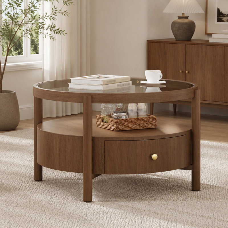 Table basse ronde à finition noyer avec structure en bois massif, plateau de table en verre et tiroir de rangement intégré, table basse Mid-Century circulaire à 2 niveaux pour la décoration du salon