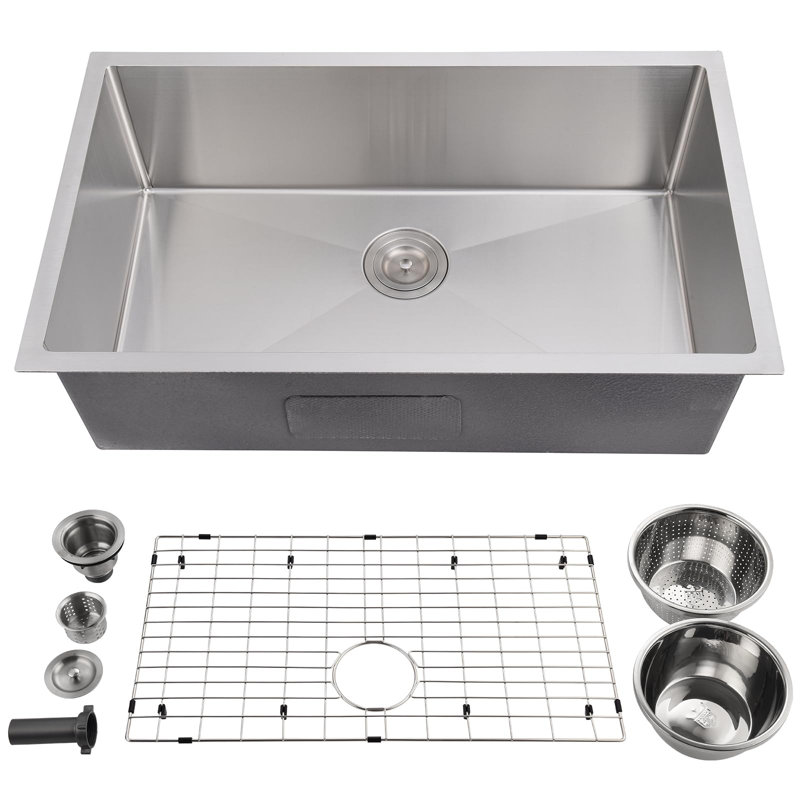 Évier de cuisine encastré à simple cuve encastrable en acier inoxydable de calibre 16 avec ensemble de fond et accessoires, 32 po