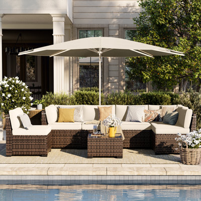 Heavy-Duty Thickened Steel Frame 6-Person Modular Brown PE Wicker Patio Conversation Set, Outdoor Sectional Furniture with 4 Armless Chairs, 2 Corner Sofas & Coffee Table for Backyard, Deck, Poolside