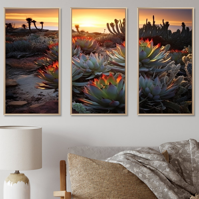 Succulent Desert Cactus Field Burning Sunset III - Ensemble de décorations murales succulentes, H 32 po x l 48 po