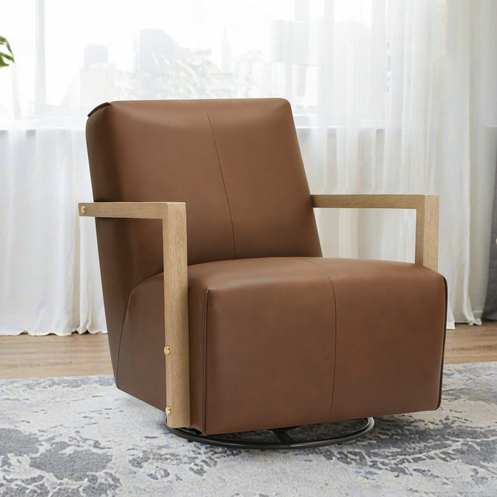 Camino Genuine Leather Swivel Accent Chair, Hearth Brown Genuine Leather
