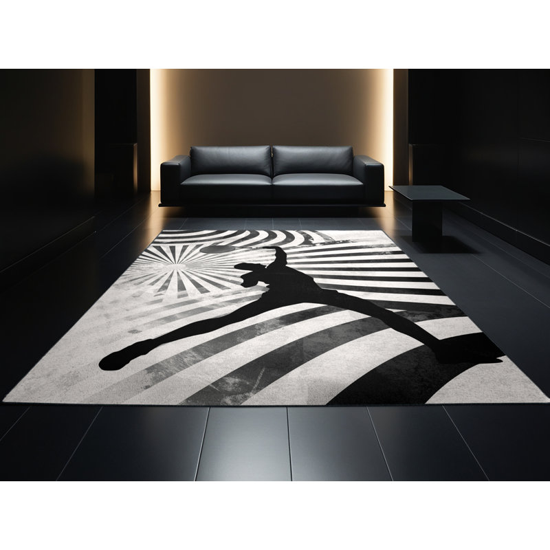 Machine Washable Coleford Tennis Serve Pose Sleek & Chic Modern Arc Rug in Gray – Black Binding, 2x5