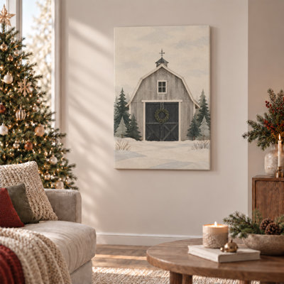 Toile grise en bois avec couronne et pin enneigé, art mural sur toile de Noël