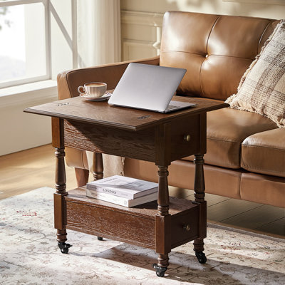 Victor 26" Tall Traditional End Table with Foldable Top、Hidden Drawer&Built-In Charging Ports
