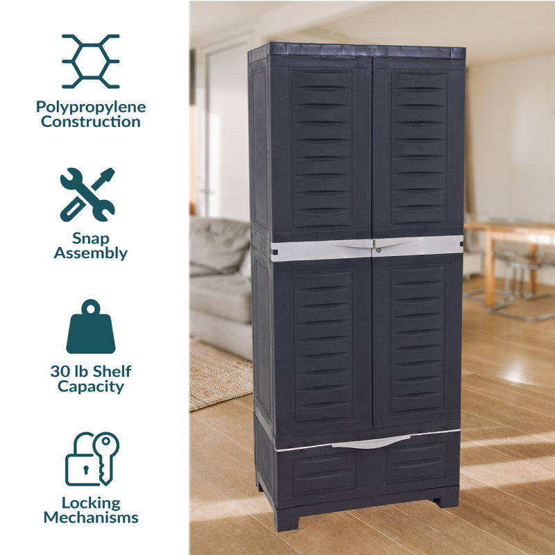 Lockable Storage Cabinet with 3 Adjustable Shelves and Bottom Drawer - Trim, Charcoal