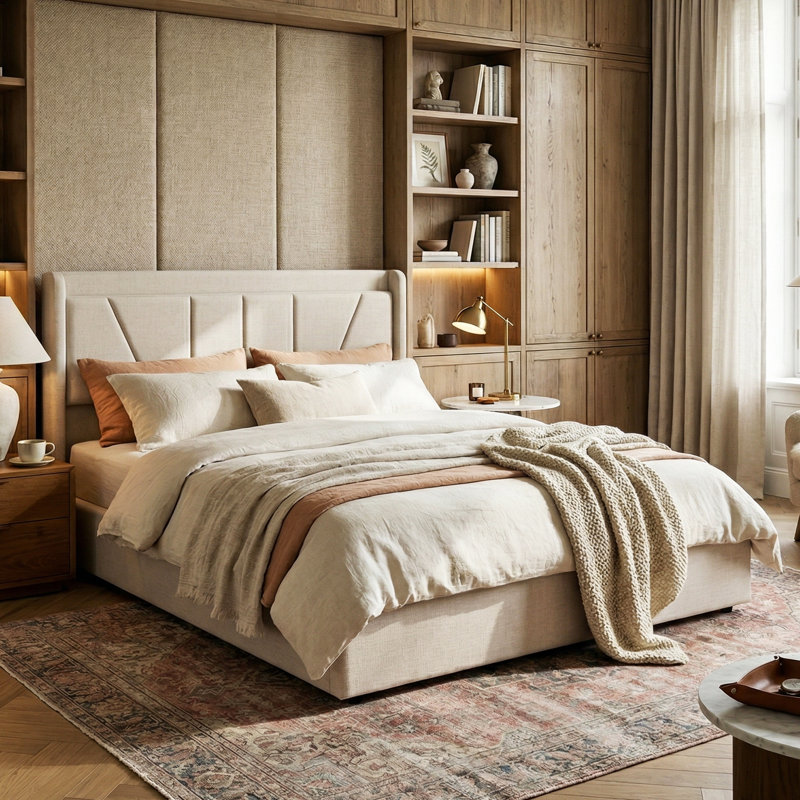 Linen Ottoman Bed with Built-in Cahrging Station, Modern Gas-Lift Storage Bed, Beige/Grey,  EU Double/King 140/160x200cm