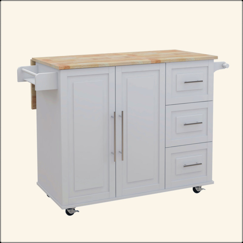 Îlot de cuisine avec support à épices, porte-serviettes et plateau de table en bois massif extensible - blanc, Blanc