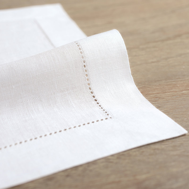 100% Pure Linen Hemstitch Dinner Napkins - Classic Hemstitch, White