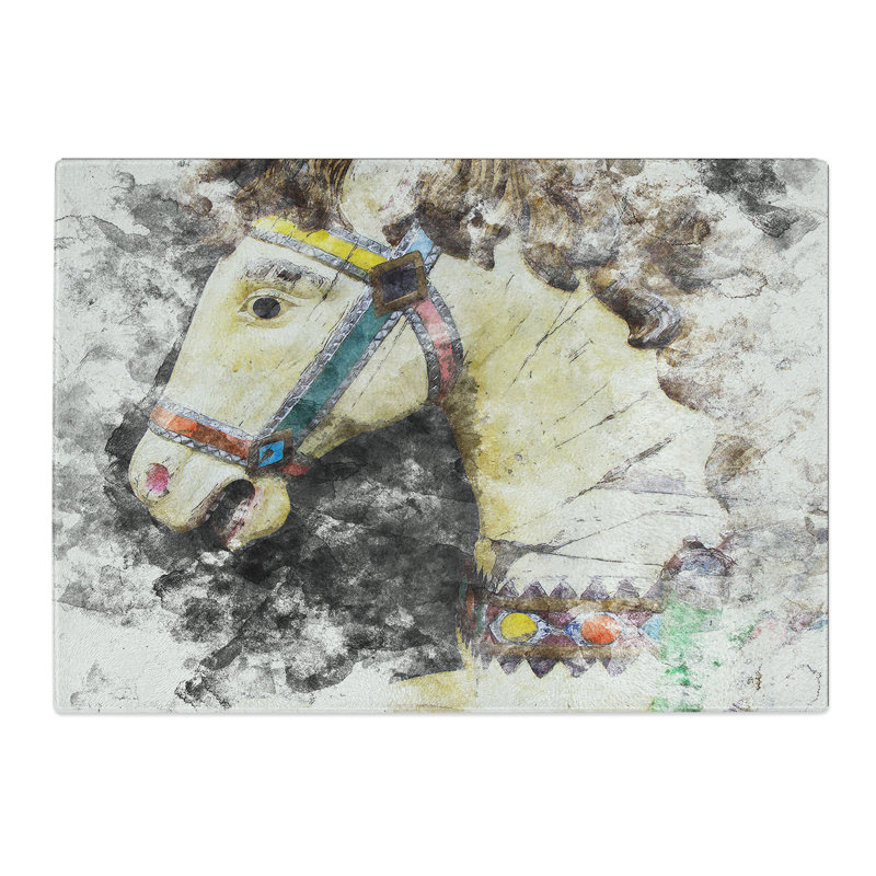 Tempered Glass Vintage Rocking Horse Watercolour Chopping Board, 28.5 cm x 39 cm