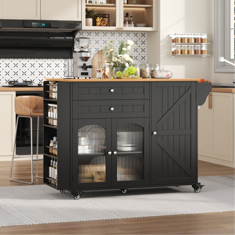 47.2"W Wooden Kitchen Island with 2 Drawers & Lockable Casters, Black