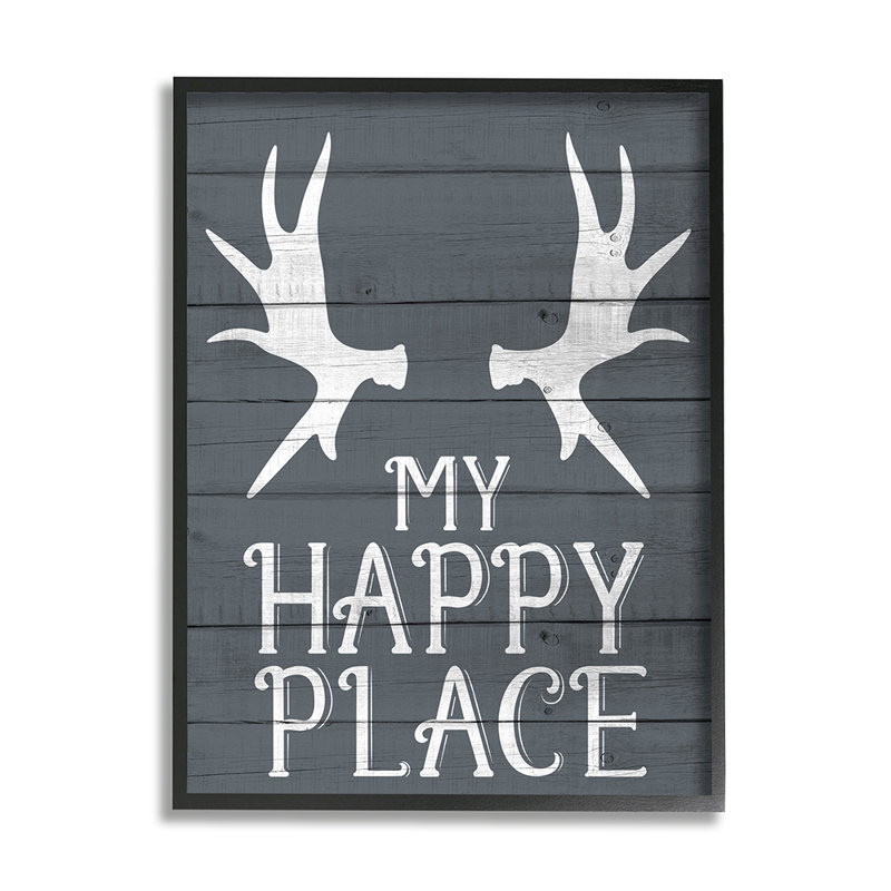 «Rustic My Happy Place Large Elk Antler» par Kim Allen - impression d'art graphique, Giclée encadrée noir minuit