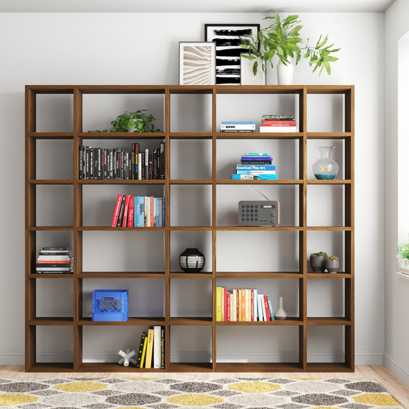 Crowl 224cm H x 255cm W Geometric Bookcase, Walnut
