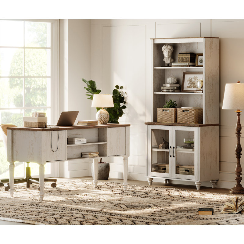 2 - Piece Office Set, 56" Executive Desk & Bookcase With Glass Doors, Rustic White