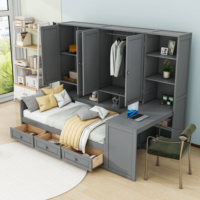Wood Daybed with Built-in Desk and Ample Storage Drawers, Gray, Twin