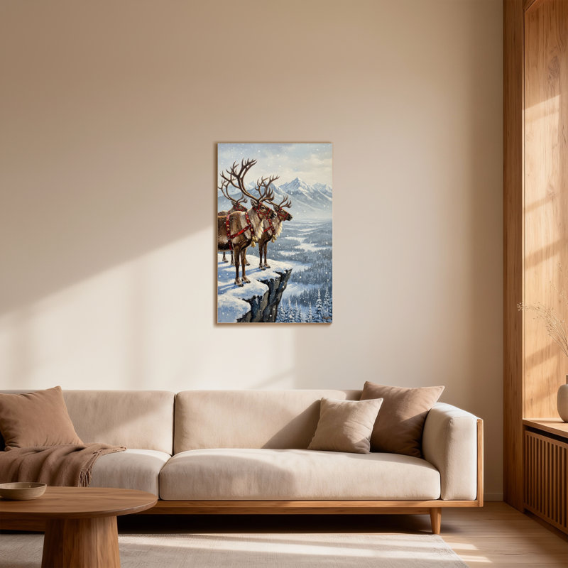 Animals Reindeer Pulling Sleigh On Snowy Cliff, 18" H x 12" W