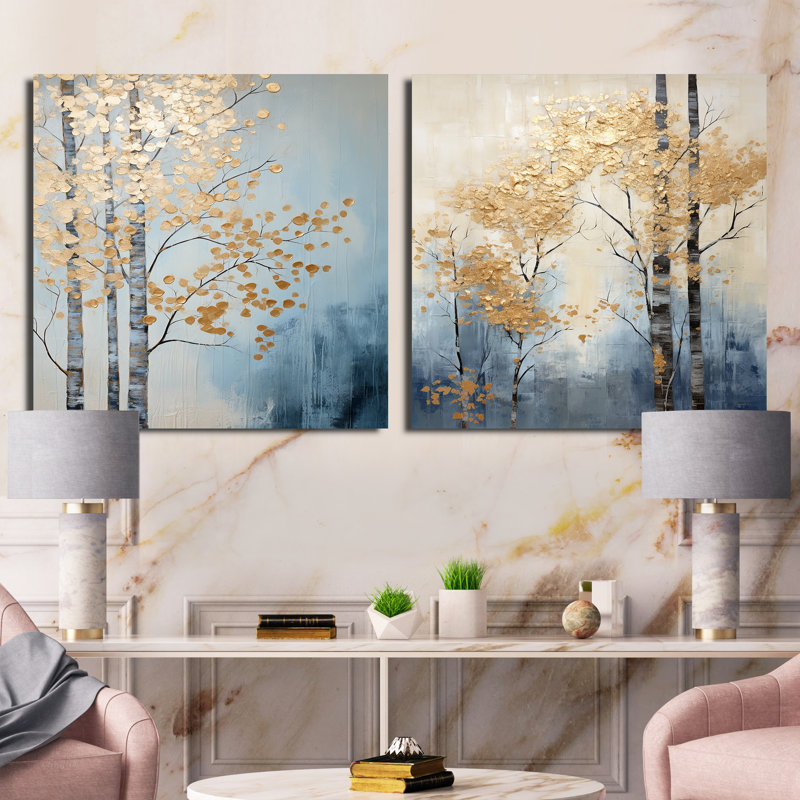 Minimalisme, arbres dorés et bleus scène V - ensemble de 2 arbres carrés, H 30 po x l 61 po, Toile tendue