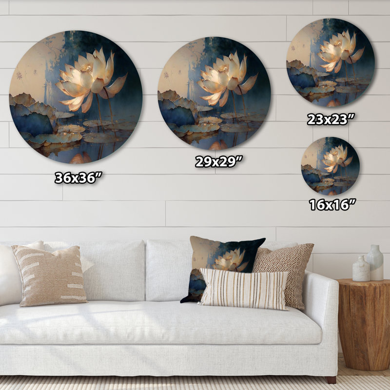 Blanc rétro lotus à l'aube - art floral rond en métal, H 36 po x l 36 po