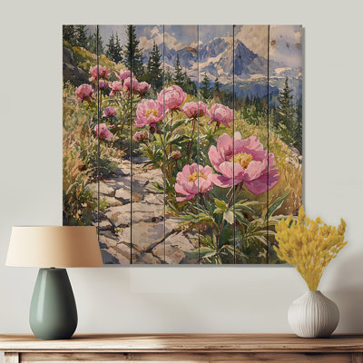 Peonies Along The Mountain Trail I - Peonies Wood Wall Art - On Natural Pine Wood