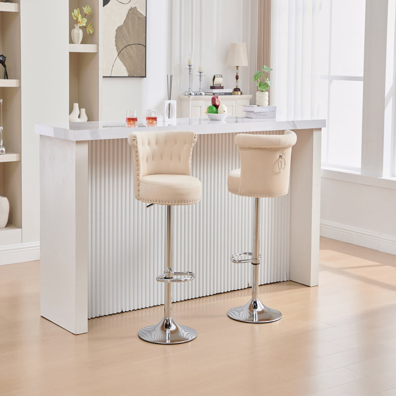 Ensemble de 2 tabourets de bar réglables en velours, pieds en métal plaqué argent, têtes de clou chromées, chaise d'appoint de base à hauteur de comptoir