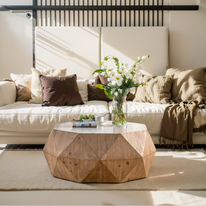 ** Table basse rétro de 38 po avec plateau blanc et motif en relief 3D - style rétro américain